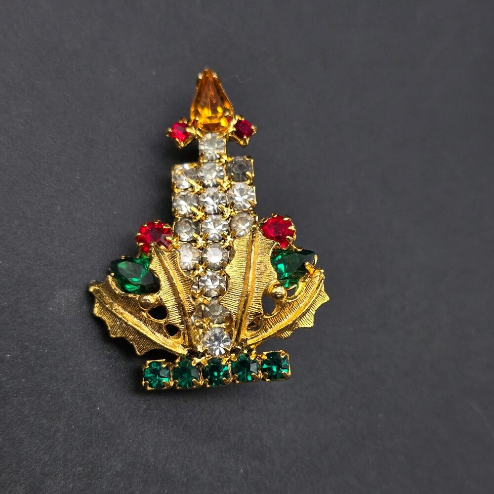 Vintage Christmas‎ Rhinestone Brooch Candle Stick Flame